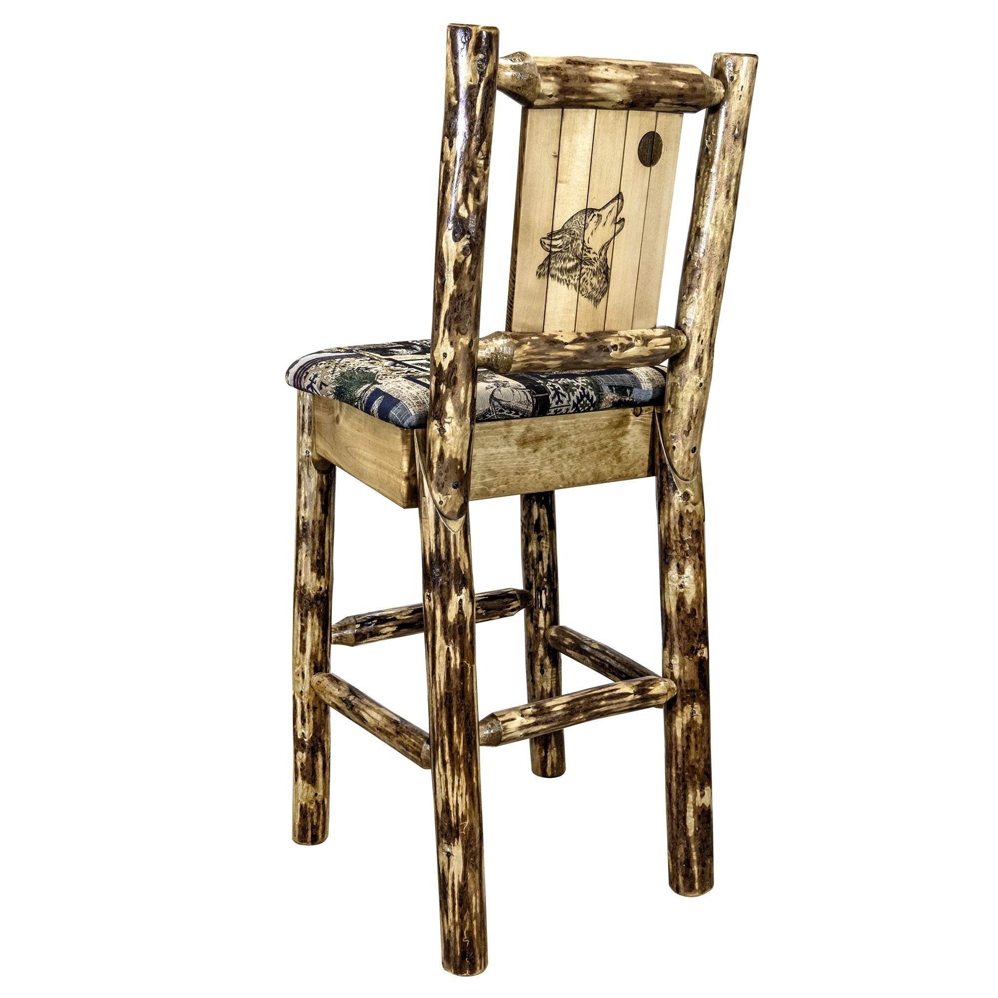 Glacier Country Collection Counter Height Barstool W/ Back - Woodland Upholstery, W/ Laser Engraved Wolf Design