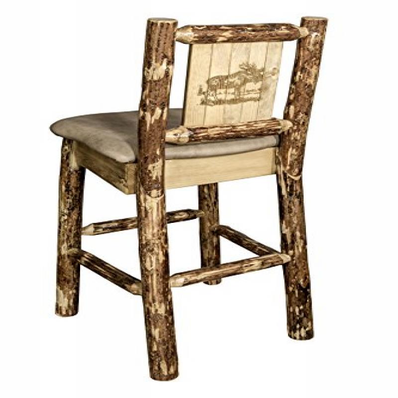 Glacier Country Collection Barstool W/ Back - Buckskin Upholstery, W/ Laser Engraved Moose Design