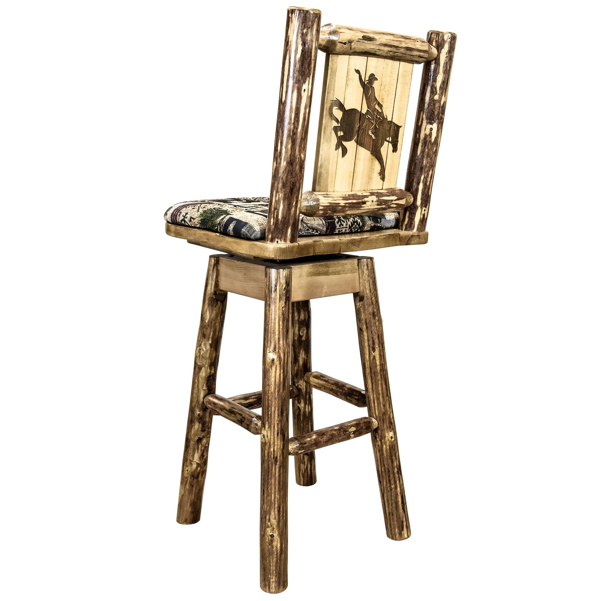 Glacier Country Collection Counter Height Barstool W/ Back & Swivel, Woodland Upholstery W/ Laser Engraved Bronc Design
