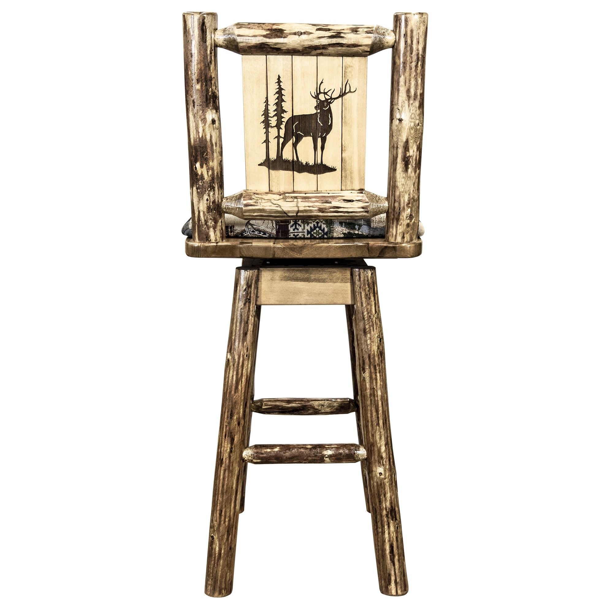 Glacier Country Collection Counter Height Barstool W/ Back & Swivel, Woodland Upholstery W/ Laser Engraved Elk Design