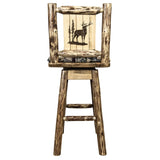 Glacier Country Collection Counter Height Barstool W/ Back & Swivel, Woodland Upholstery W/ Laser Engraved Elk Design