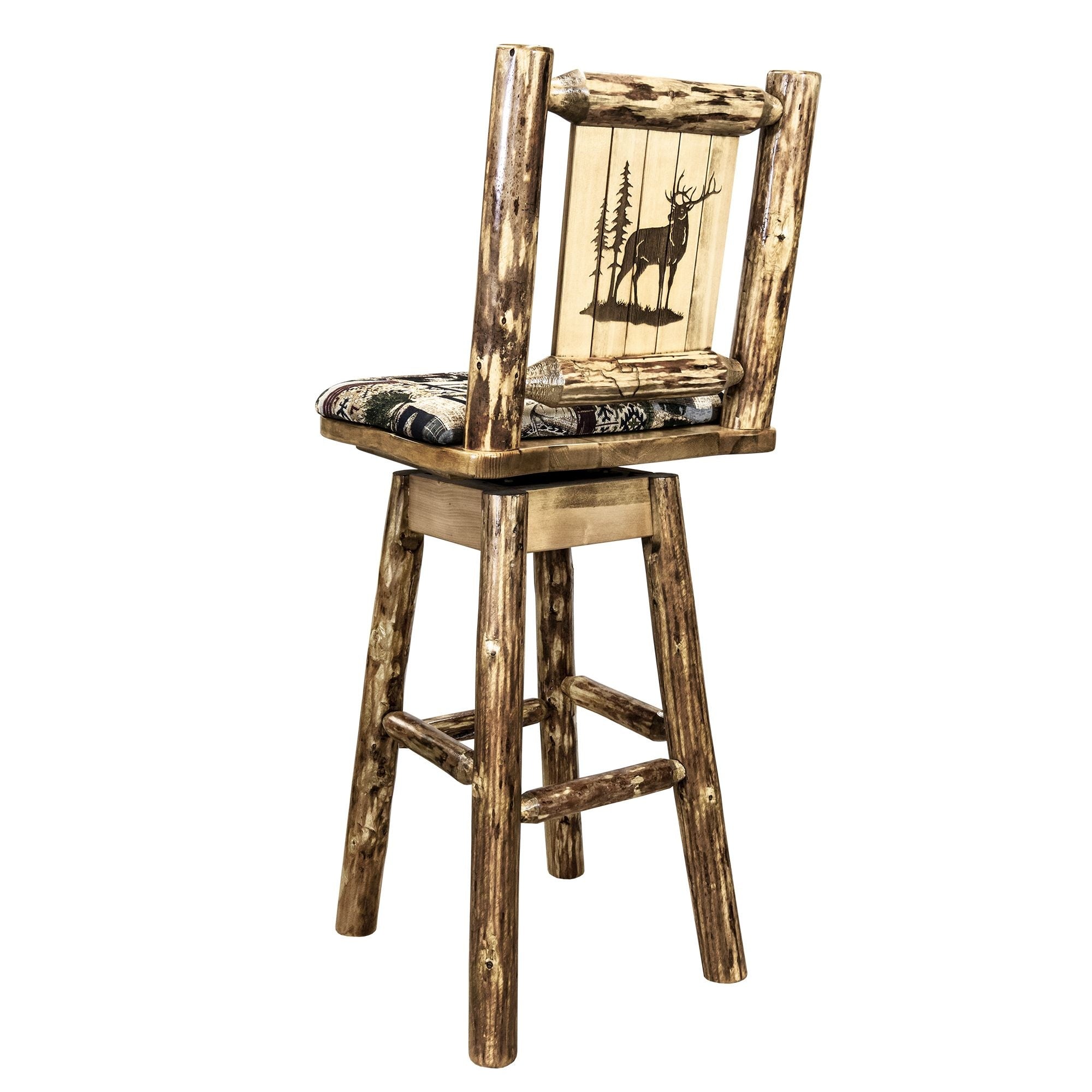 Glacier Country Collection Counter Height Barstool W/ Back & Swivel, Woodland Upholstery W/ Laser Engraved Elk Design