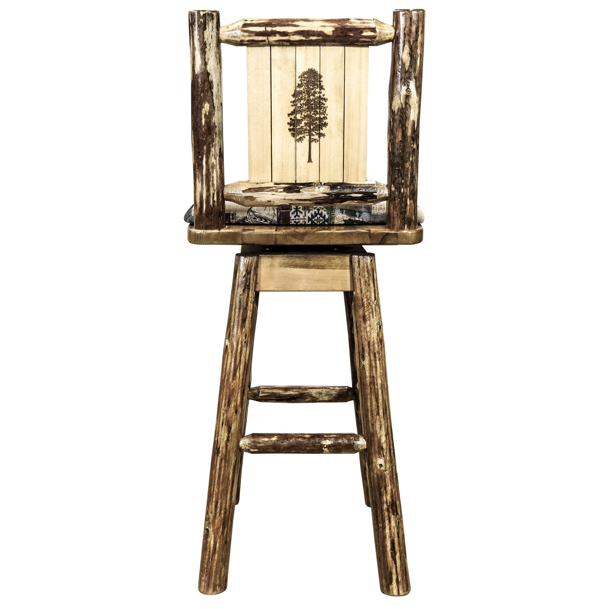 Glacier Country Collection Counter Height Barstool W/ Back & Swivel, Woodland Upholstery W/ Laser Engraved Pine Tree Design
