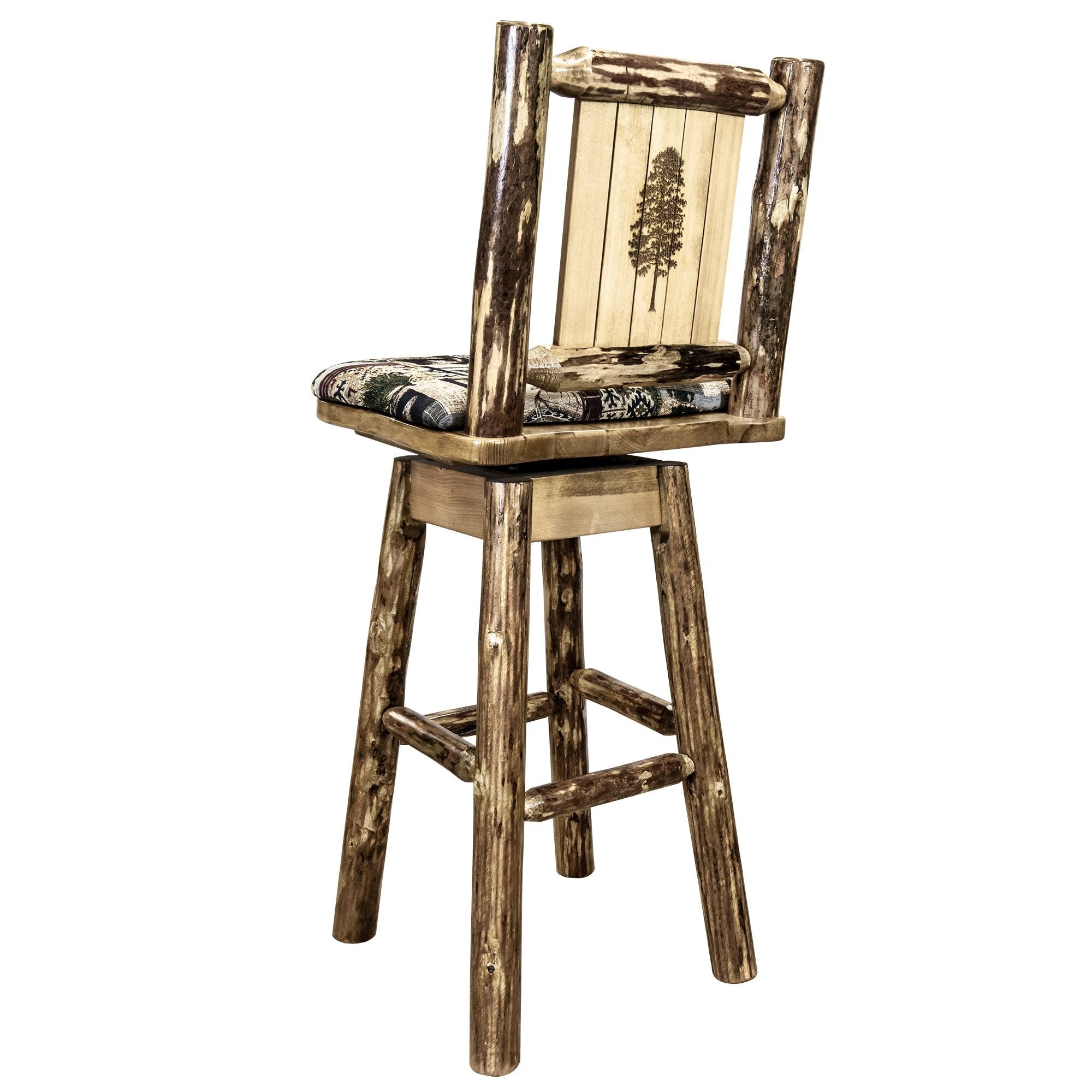 Glacier Country Collection Counter Height Barstool W/ Back & Swivel, Woodland Upholstery W/ Laser Engraved Pine Tree Design