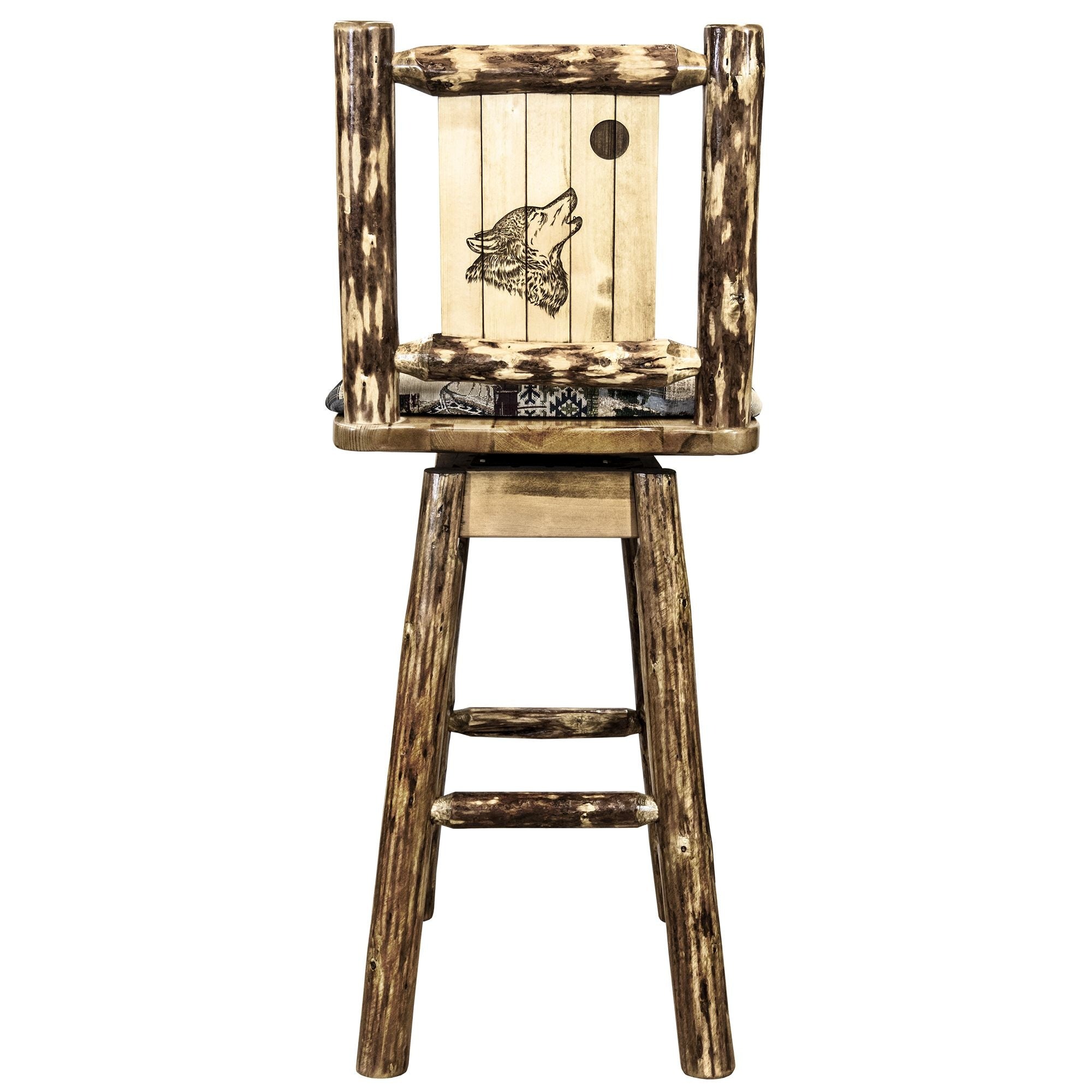 Glacier Country Collection Counter Height Barstool W/ Back & Swivel, Woodland Upholstery W/ Laser Engraved Wolf Design