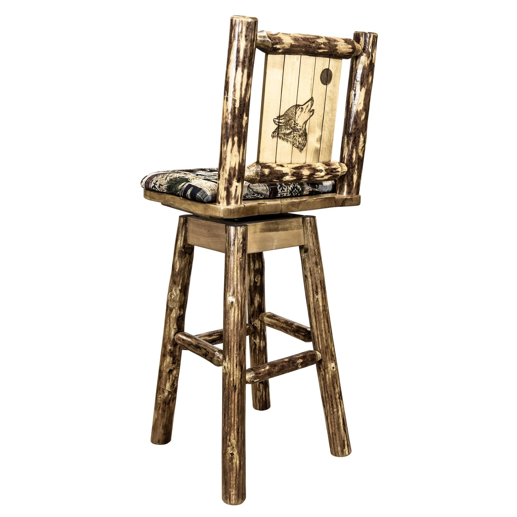Glacier Country Collection Counter Height Barstool W/ Back & Swivel, Woodland Upholstery W/ Laser Engraved Wolf Design