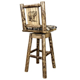 Glacier Country Collection Barstool W/ Back & Swivel, Woodland Pattern Upholstery W/ Laser Engraved Bear Design