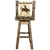 Glacier Country Collection Barstool W/ Back & Swivel, Woodland Pattern Upholstery W/ Laser Engraved Bronc Design