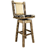 Glacier Country Collection Barstool W/ Back & Swivel, Woodland Pattern Upholstery W/ Laser Engraved Pine Tree Design
