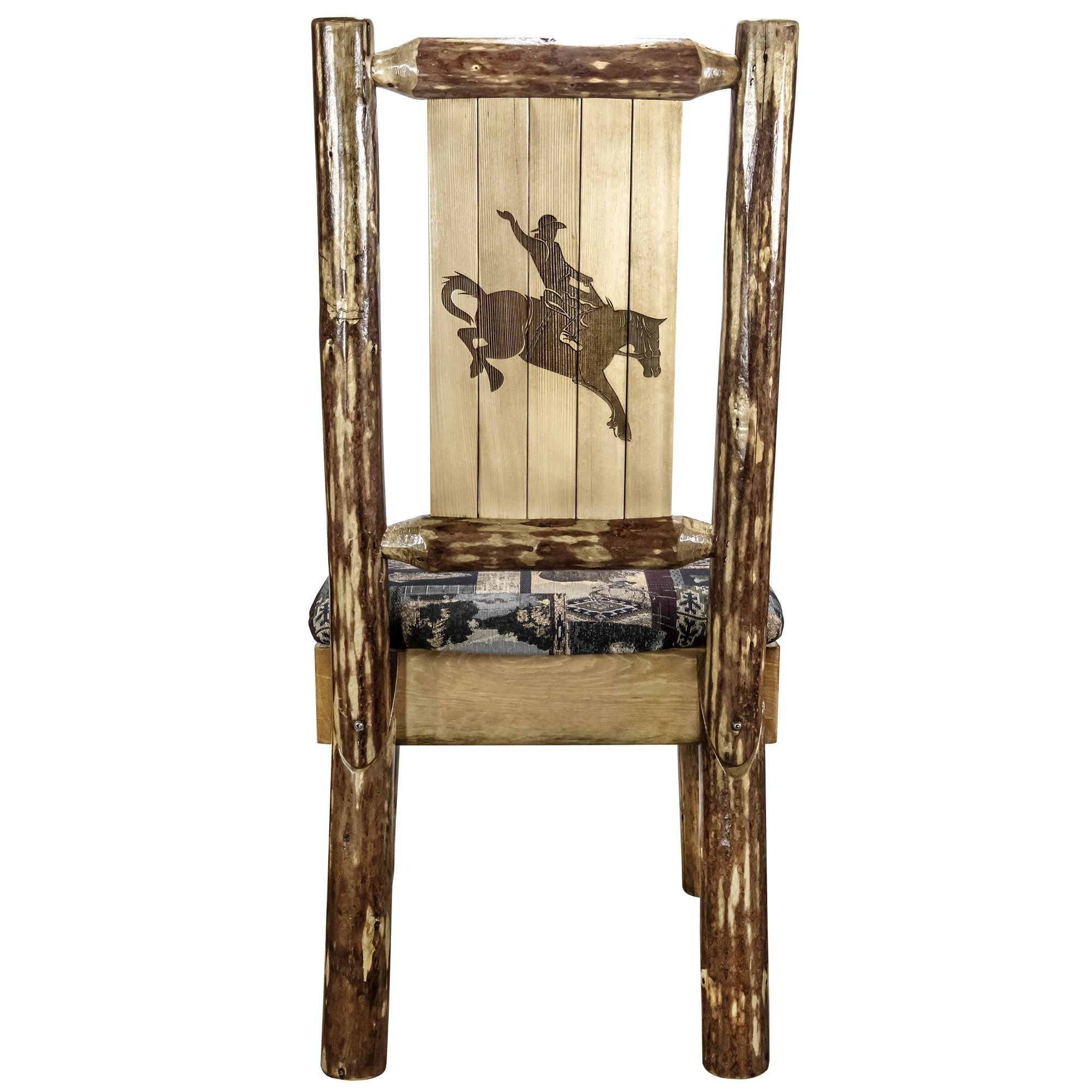 Glacier Country Collection Side Chair - Woodland Upholstery, W/ Laser Engraved Bronc Design