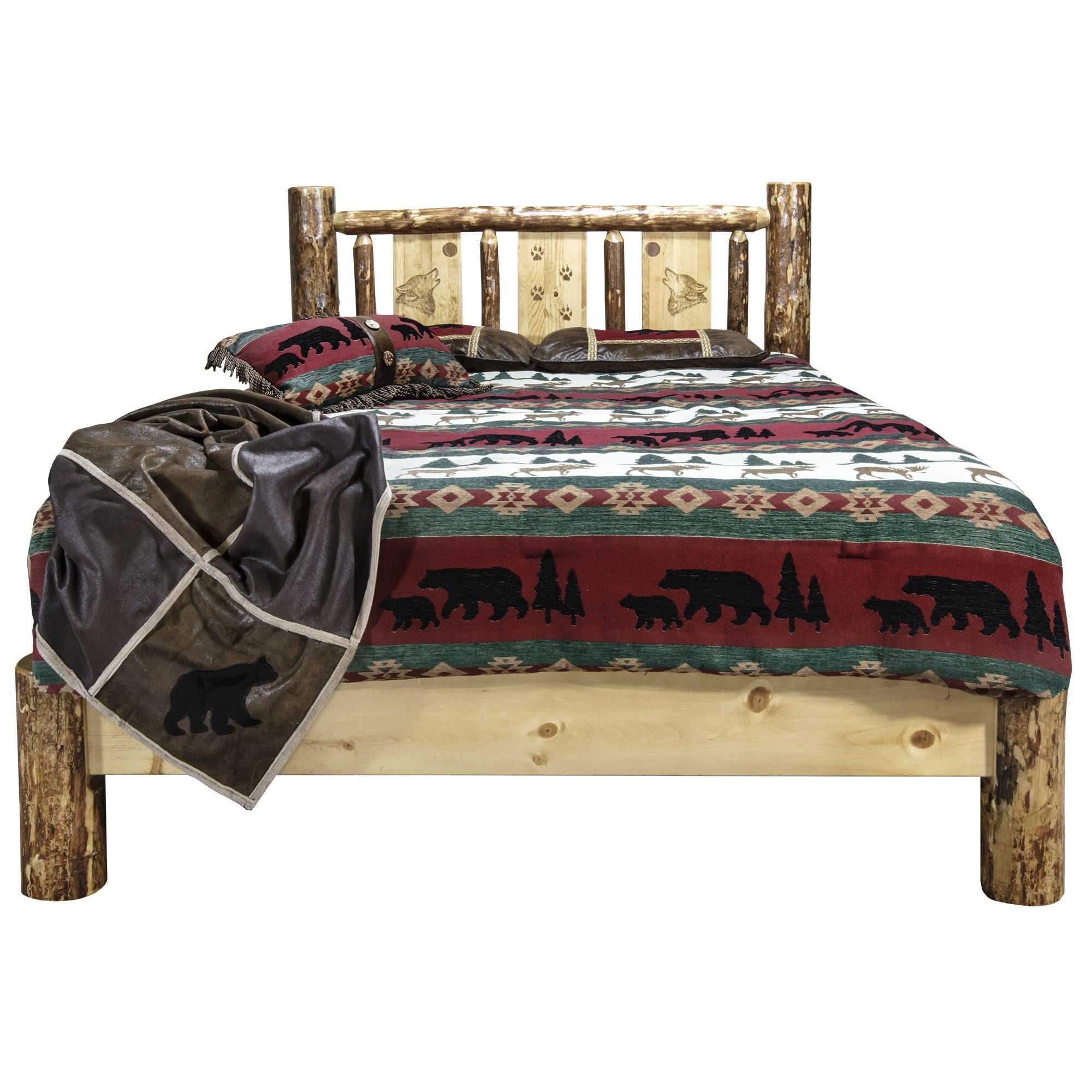 Glacier Country Collection Queen Platform Bed W/ Laser Engraved Wolf Design