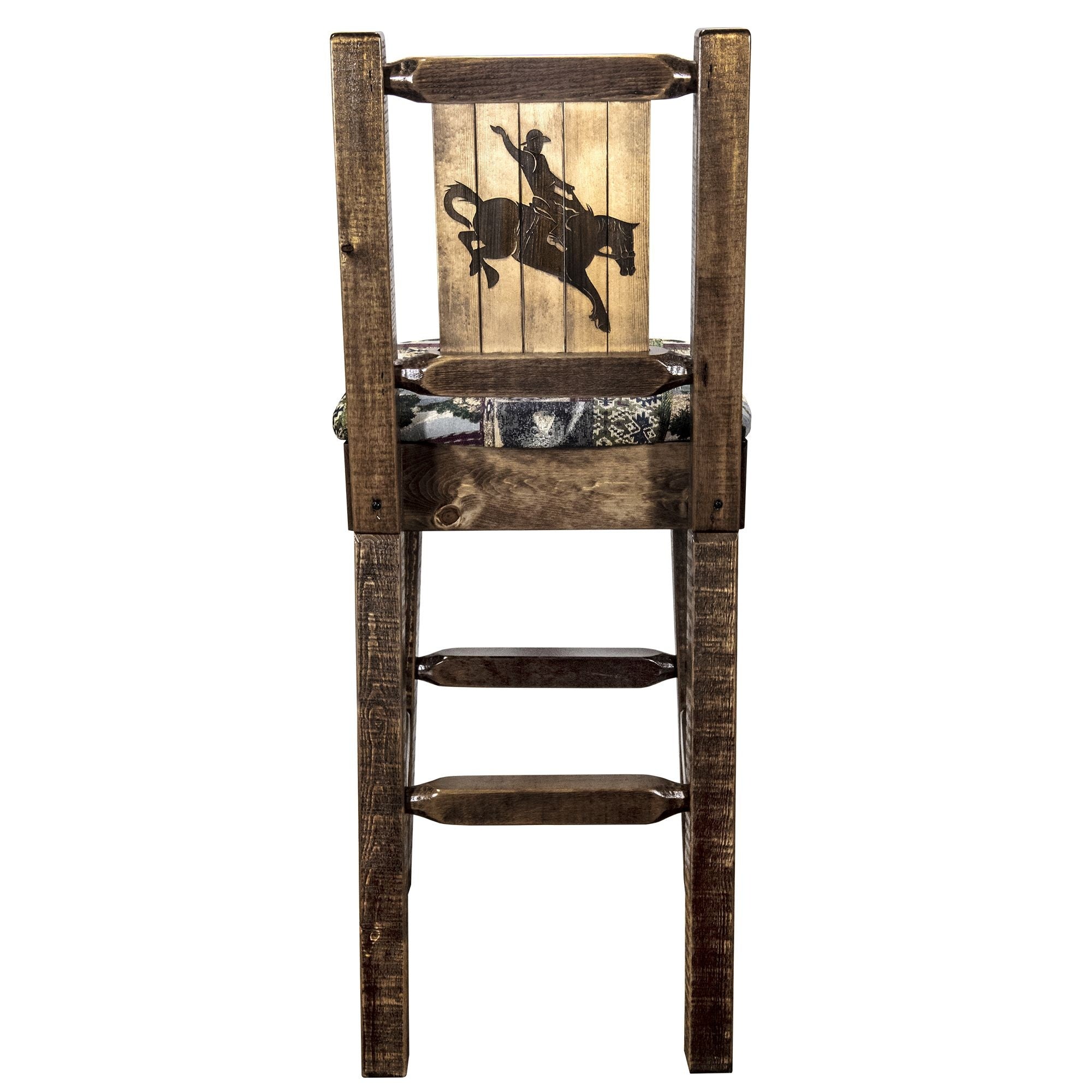 Homestead Collection Counter Height Barstool W/ Back - Woodland Upholstery, W/ Laser Engraved Bronc Design