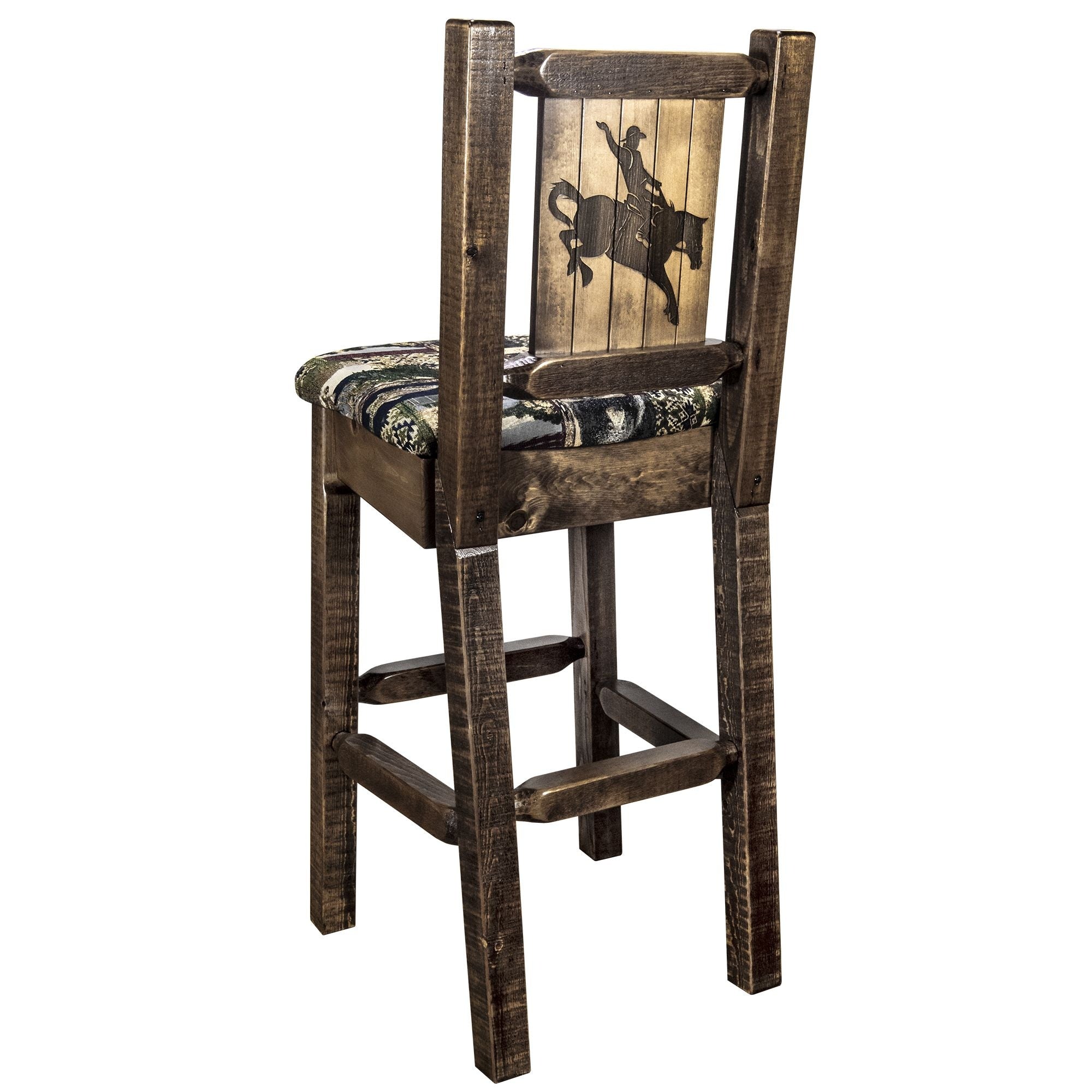 Homestead Collection Counter Height Barstool W/ Back - Woodland Upholstery, W/ Laser Engraved Bronc Design