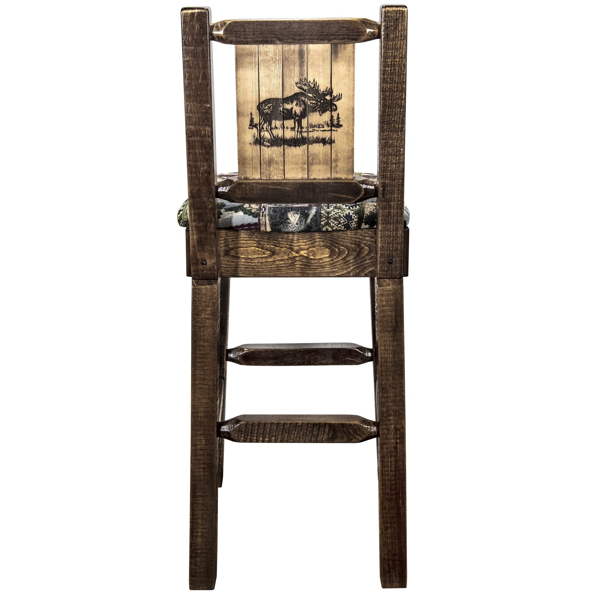 Homestead Collection Counter Height Barstool W/ Back - Woodland Upholstery, W/ Laser Engraved Moose Design