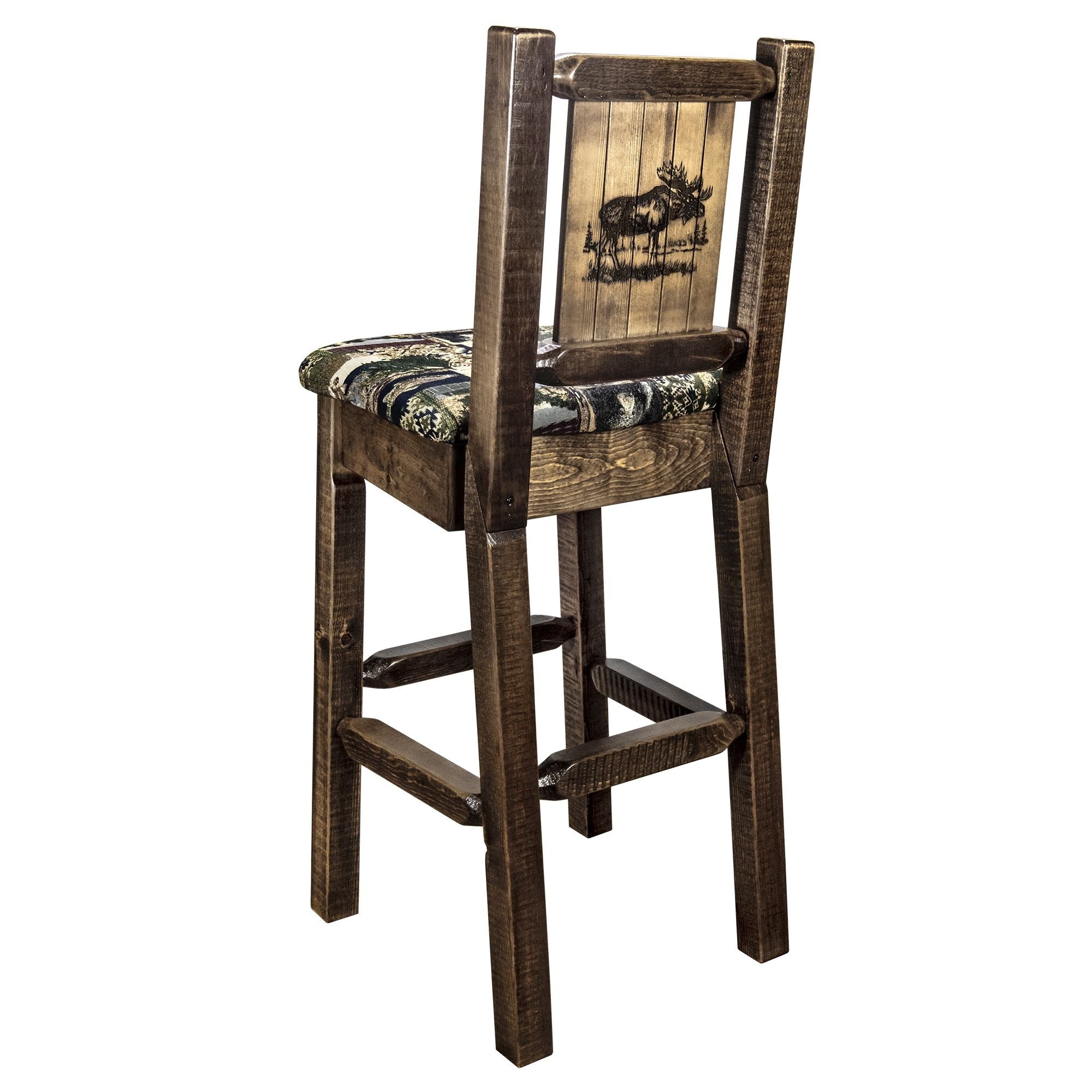 Homestead Collection Counter Height Barstool W/ Back - Woodland Upholstery, W/ Laser Engraved Moose Design