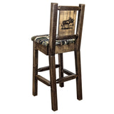 Homestead Collection Counter Height Barstool W/ Back - Woodland Upholstery, W/ Laser Engraved Moose Design