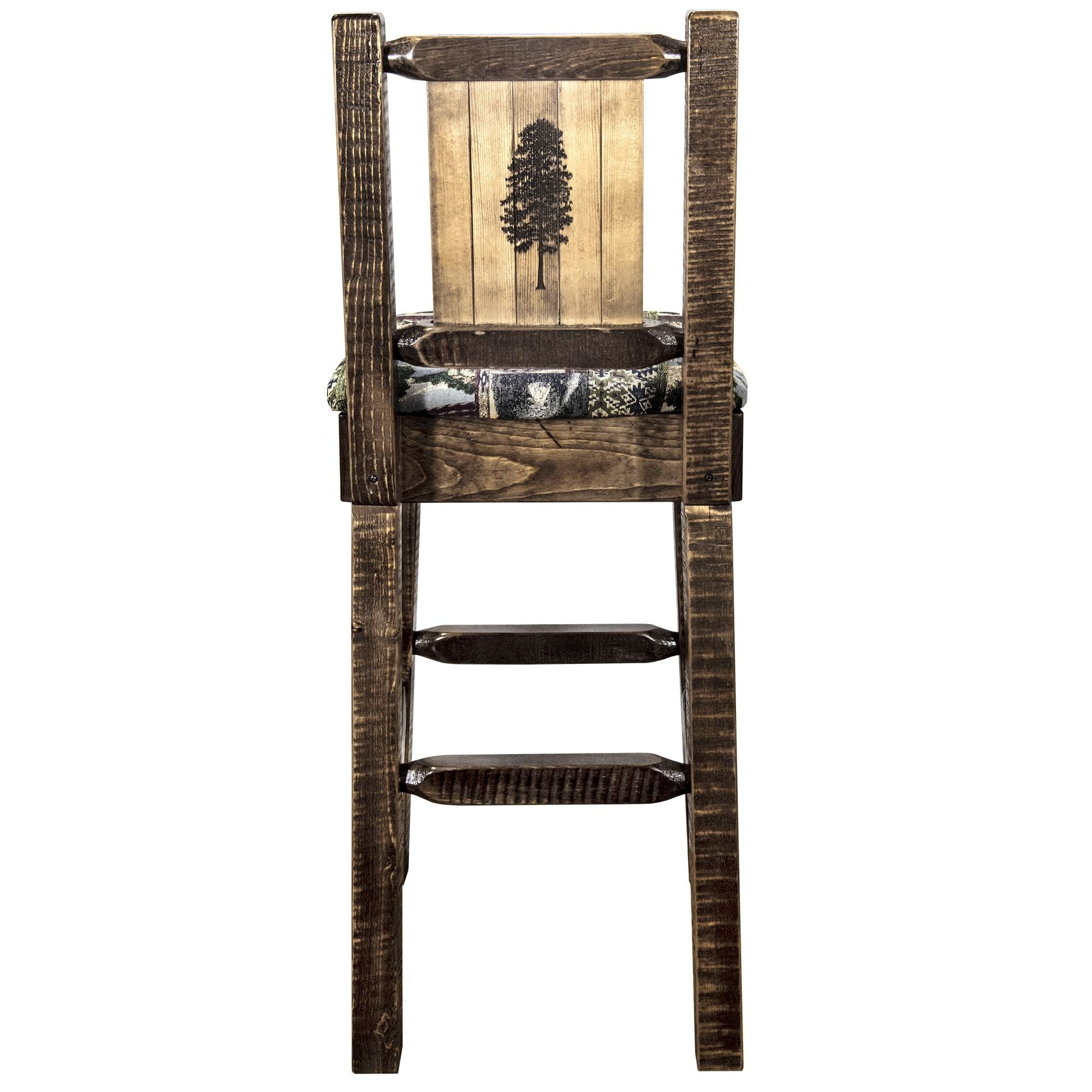 Homestead Collection Counter Height Barstool W/ Back - Woodland Upholstery, W/ Laser Engraved Pine Tree Design