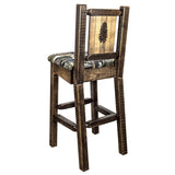 Homestead Collection Counter Height Barstool W/ Back - Woodland Upholstery, W/ Laser Engraved Pine Tree Design