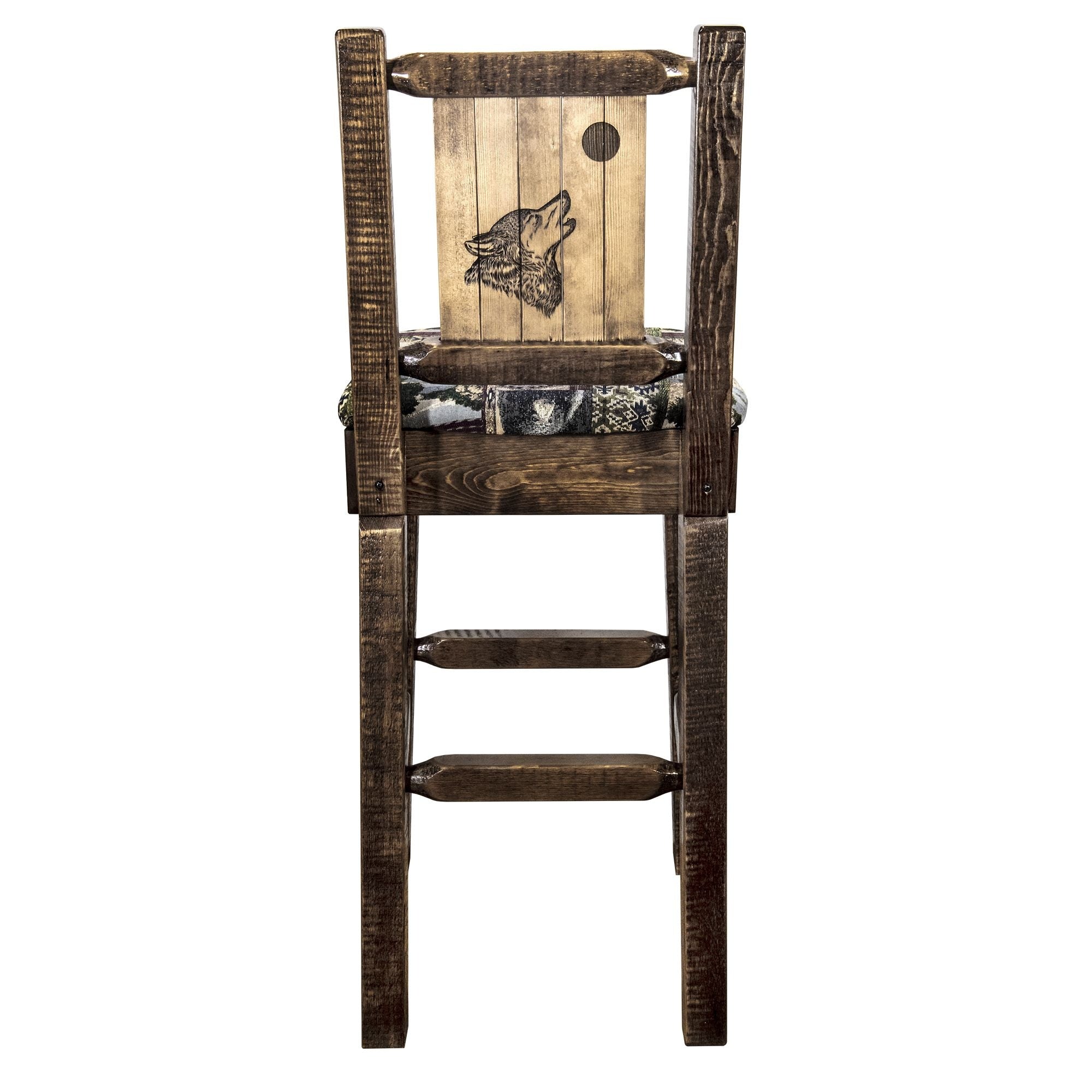 Homestead Collection Counter Height Barstool W/ Back - Woodland Upholstery, W/ Laser Engraved Wolf Design