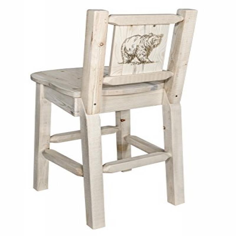 Homestead Collection Barstool W/ Back, W/ Laser Engraved Bear Design, Clear Lacquer Finish