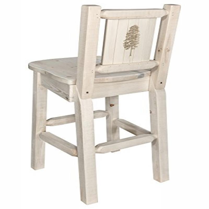 Homestead Collection Barstool W/ Back, W/ Laser Engraved Pine Tree Design, Clear Lacquer Finish