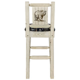 Homestead Collection Barstool W/ Back - Woodland Upholstery, W/ Laser Engraved Bear Design, Clear Lacquer Finish