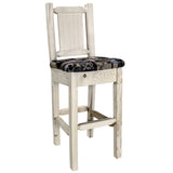 Homestead Collection Barstool W/ Back - Woodland Upholstery, W/ Laser Engraved Bear Design, Clear Lacquer Finish