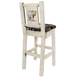 Homestead Collection Barstool W/ Back - Woodland Upholstery, W/ Laser Engraved Bear Design, Clear Lacquer Finish