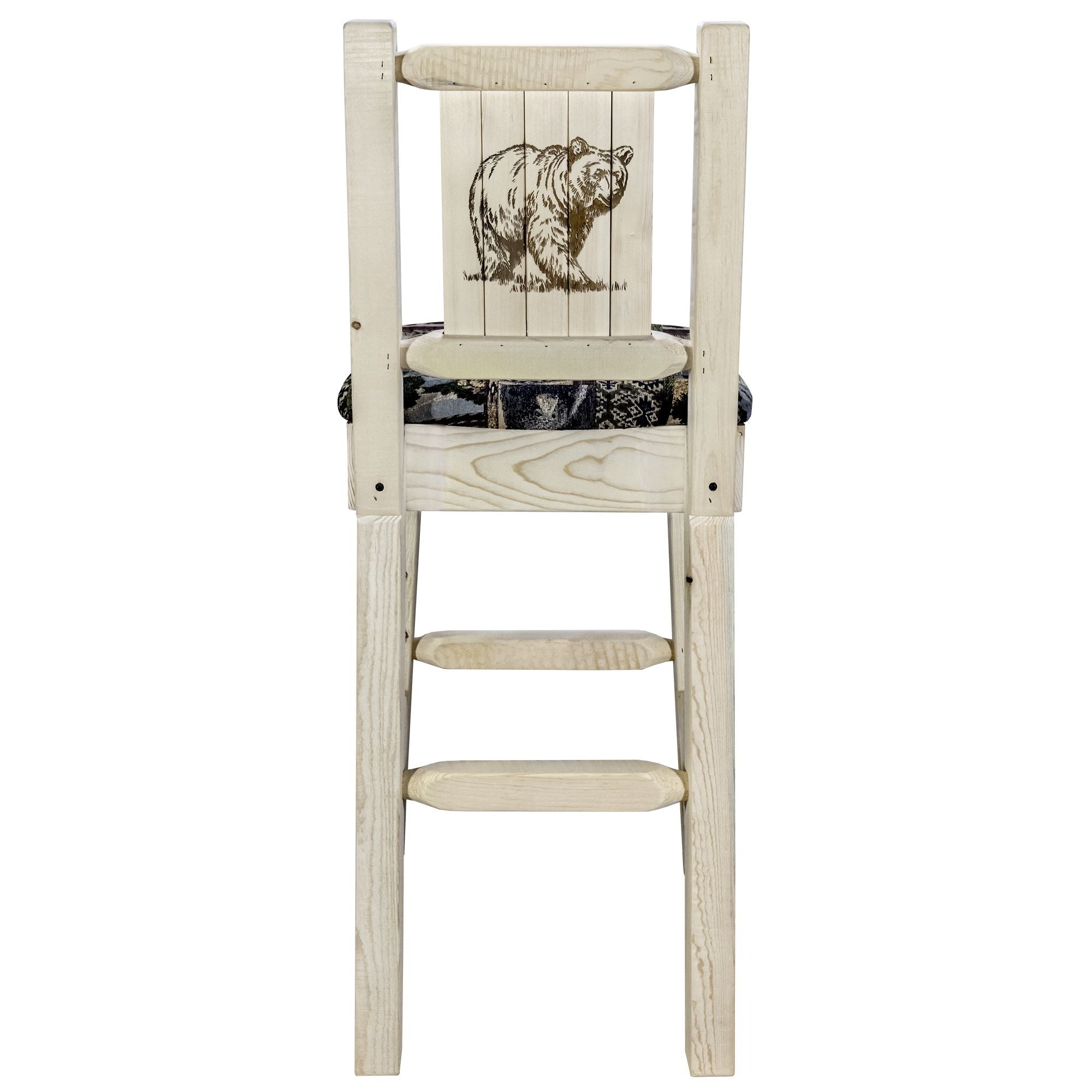 Homestead Collection Barstool W/ Back - Woodland Upholstery, W/ Laser Engraved Bear Design, Ready To Finish