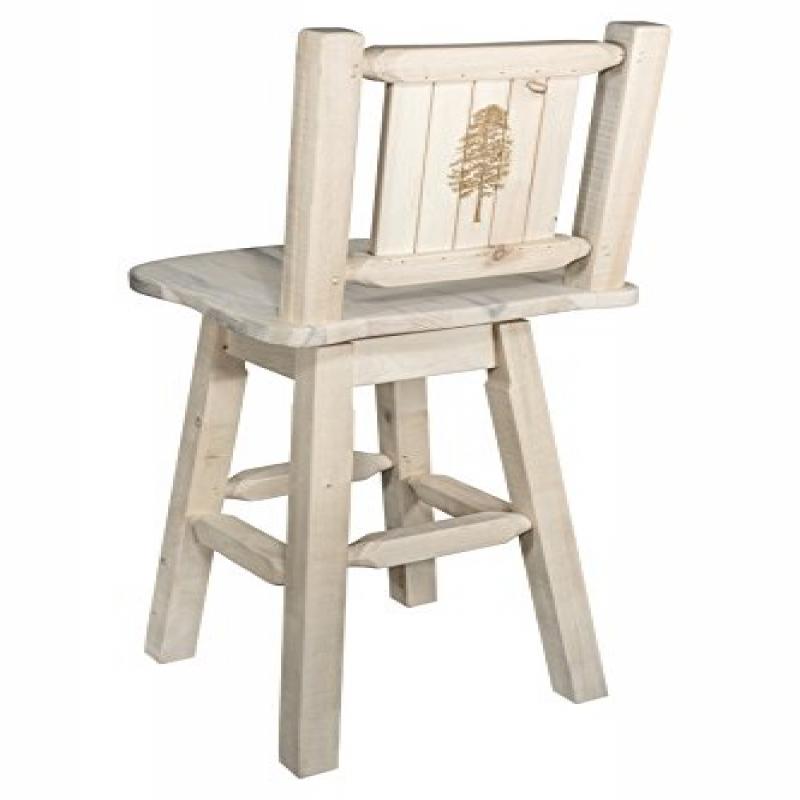 Homestead Collection Barstool W/ Back & Swivel W/ Laser Engraved Pine Tree Design, Ready To Finish