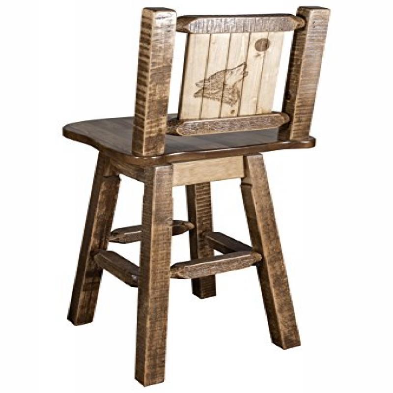 Homestead Collection Counter Height Barstool W/ Back & Swivel W/ Laser Engraved Wolf Design, Stain & Lacquer Finish