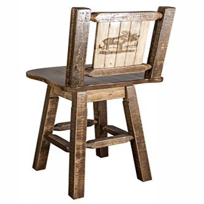 Homestead Collection Barstool W/ Back & Swivel W/ Laser Engraved Moose Design, Stain & Lacquer Finish