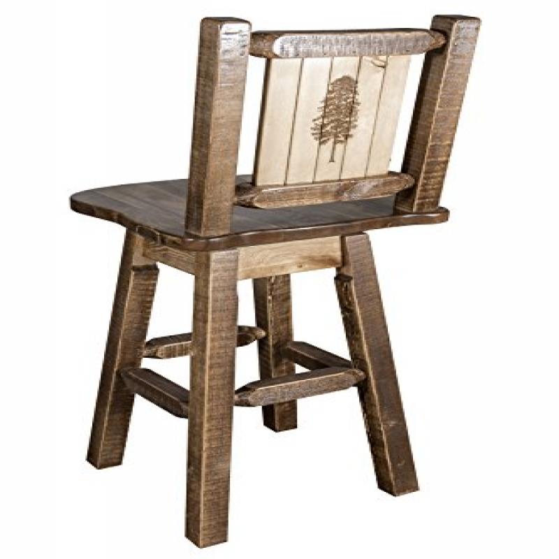 Homestead Collection Barstool W/ Back & Swivel W/ Laser Engraved Pine Tree Design, Stain & Lacquer Finish