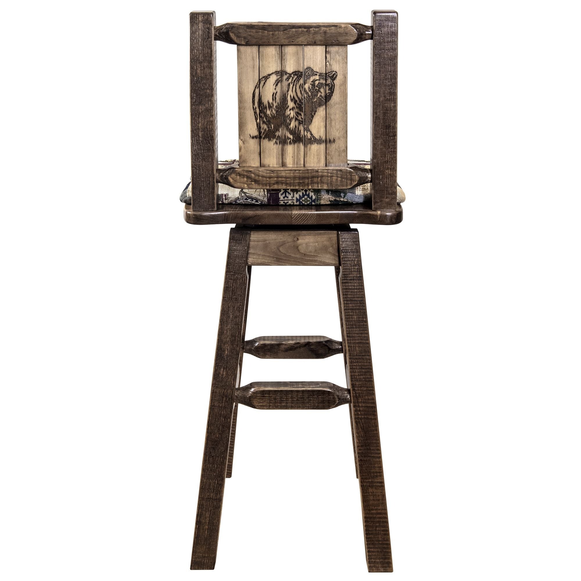 Homestead Collection Counter Height Barstool W/ Back & Swivel, Woodland Upholstery W/ Laser Engraved Bear Design