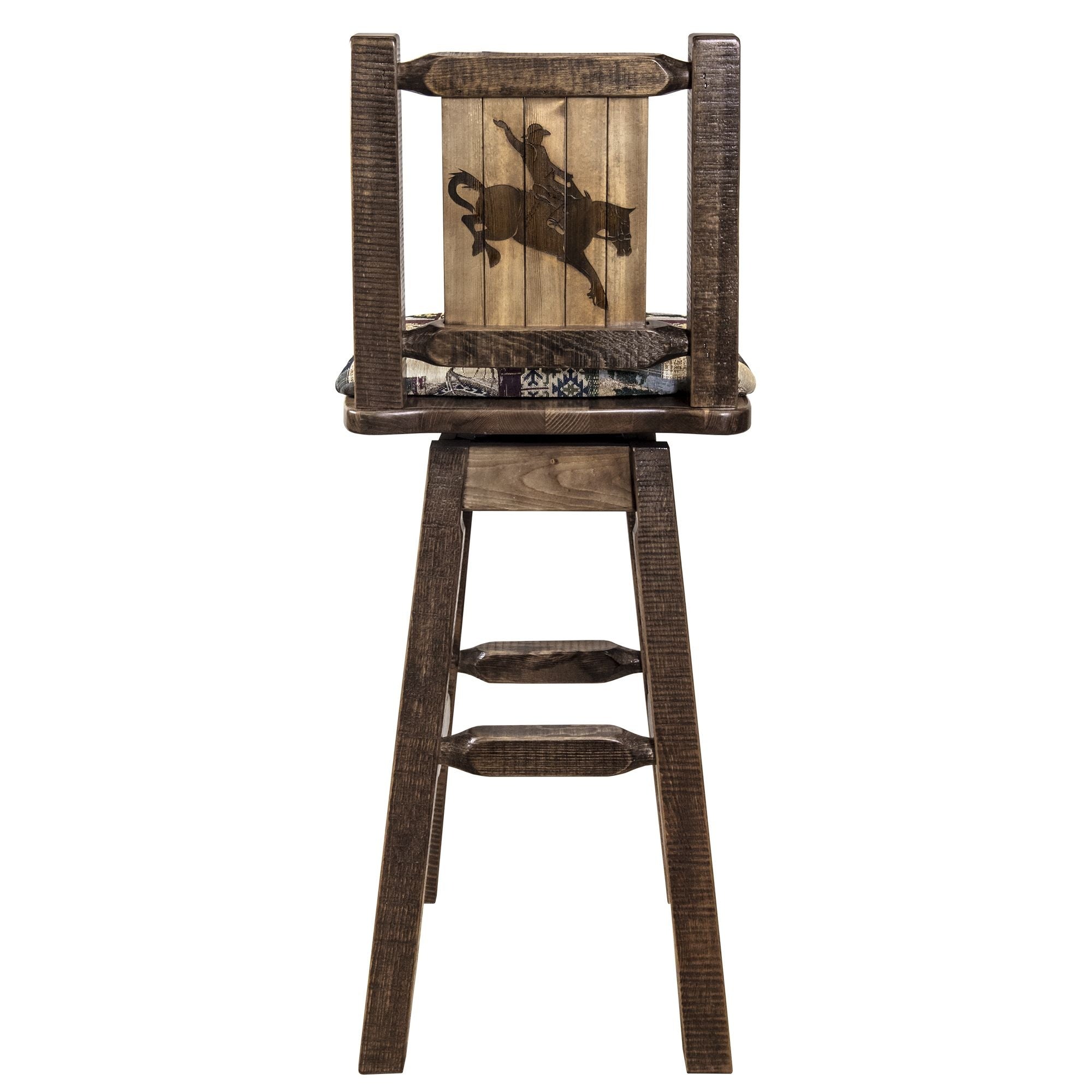 Homestead Collection Counter Height Barstool W/ Back & Swivel, Woodland Upholstery W/ Laser Engraved Bronc Design