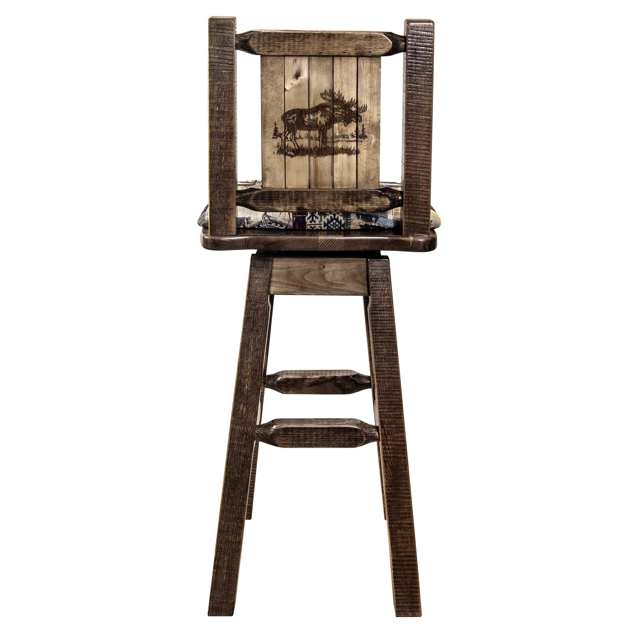 Homestead Collection Counter Height Barstool W/ Back & Swivel, Woodland Upholstery W/ Laser Engraved Moose Design