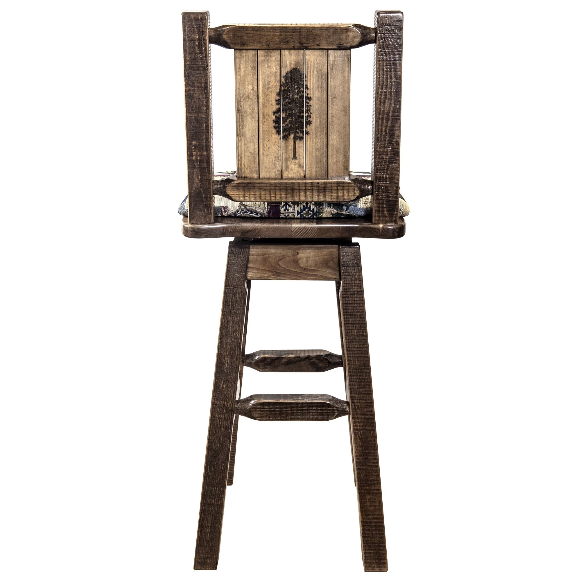 Homestead Collection Counter Height Barstool W/ Back & Swivel, Woodland Upholstery W/ Laser Engraved Pine Tree Design