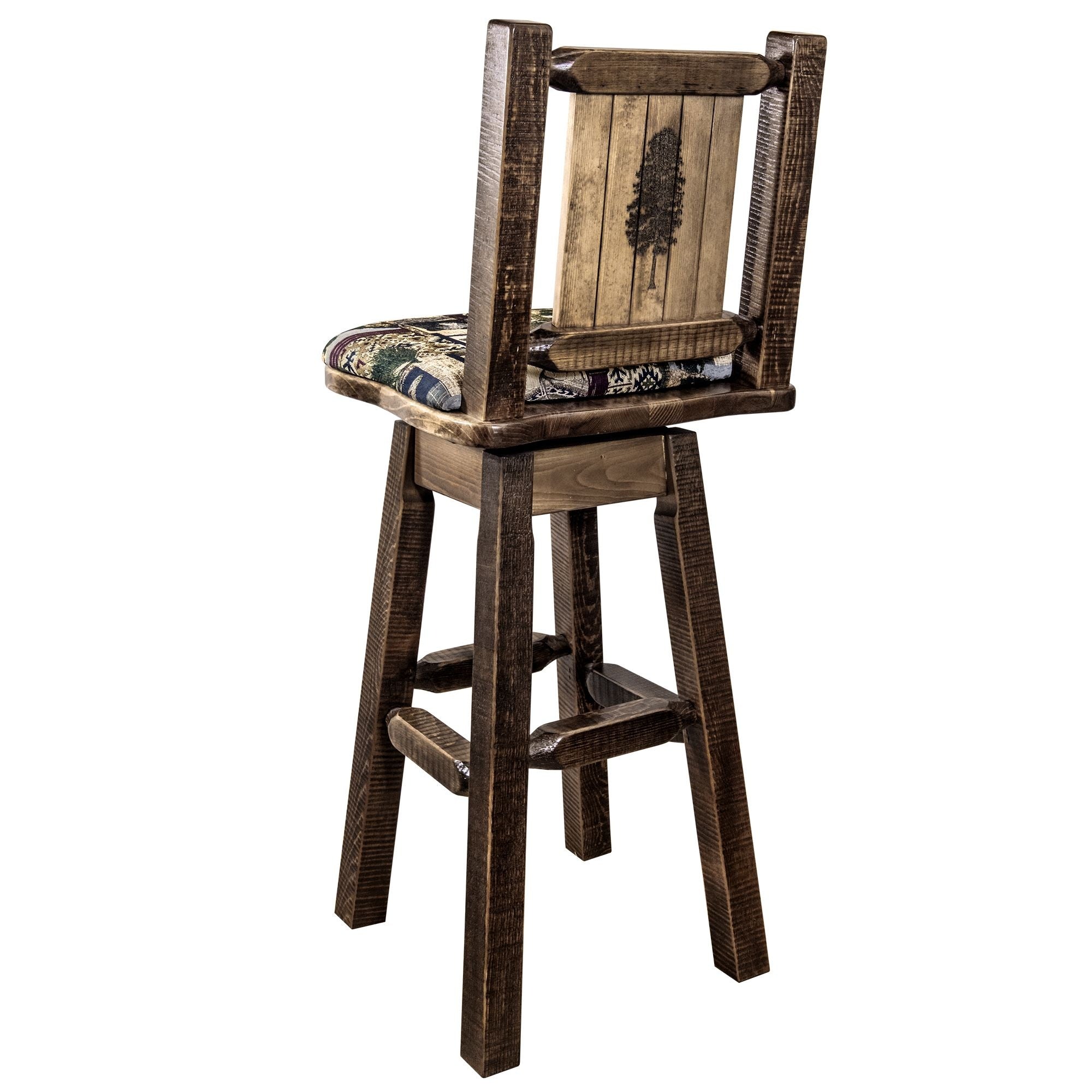 Homestead Collection Counter Height Barstool W/ Back & Swivel, Woodland Upholstery W/ Laser Engraved Pine Tree Design