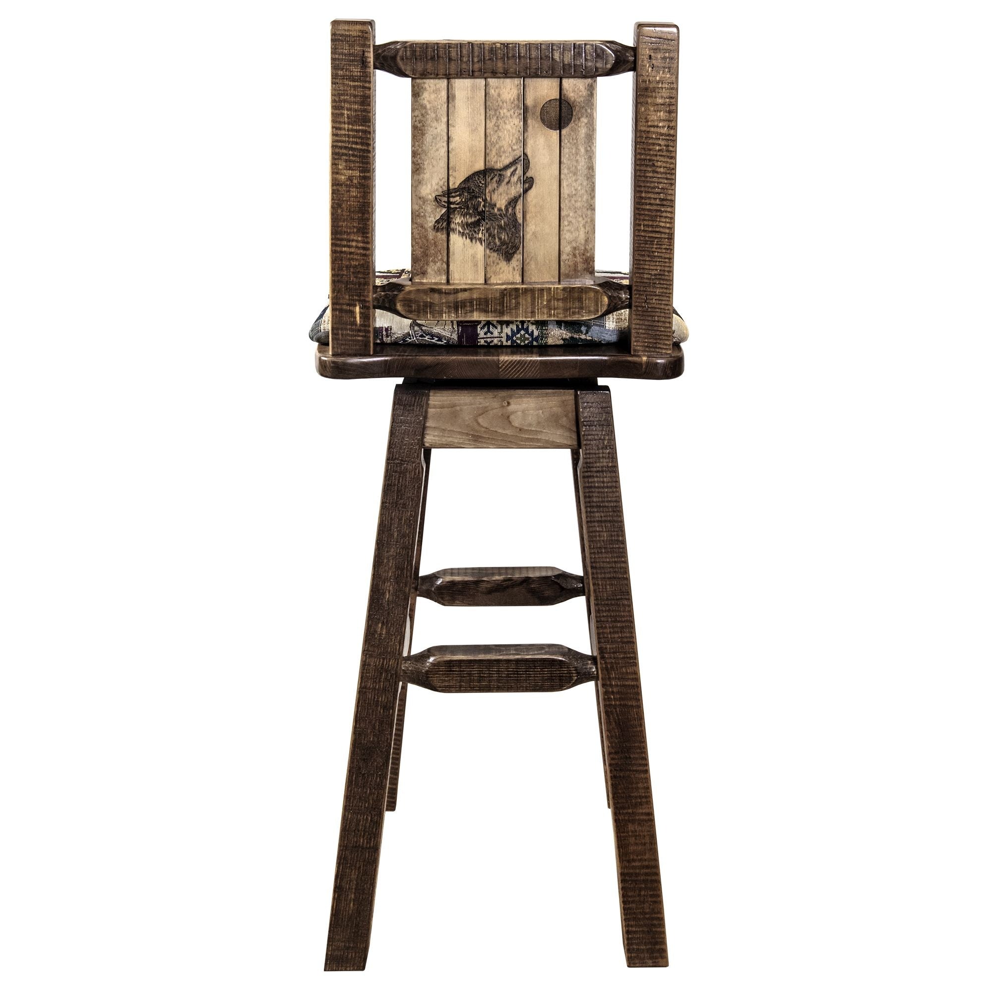 Homestead Collection Counter Height Barstool W/ Back & Swivel, Woodland Upholstery W/ Laser Engraved Wolf Design