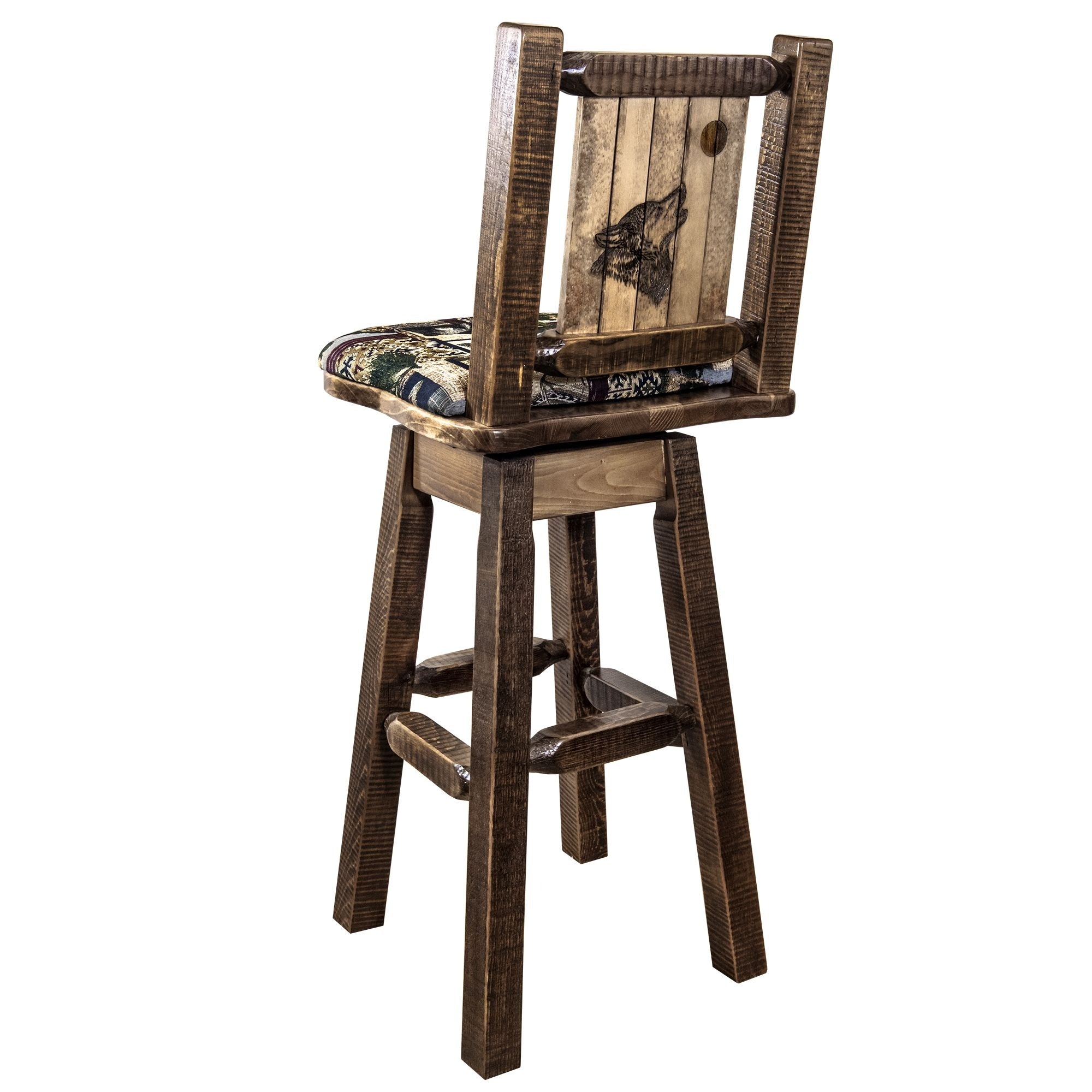 Homestead Collection Counter Height Barstool W/ Back & Swivel, Woodland Upholstery W/ Laser Engraved Wolf Design