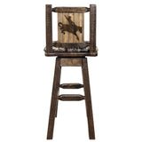 Homestead Collection Barstool W/ Back & Swivel, Woodland Pattern Upholstery W/ Laser Engraved Bronc Design