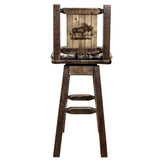 Homestead Collection Barstool W/ Back & Swivel, Woodland Pattern Upholstery W/ Laser Engraved Moose Design