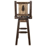 Homestead Collection Barstool W/ Back & Swivel, Woodland Pattern Upholstery W/ Laser Engraved Pine Tree Design