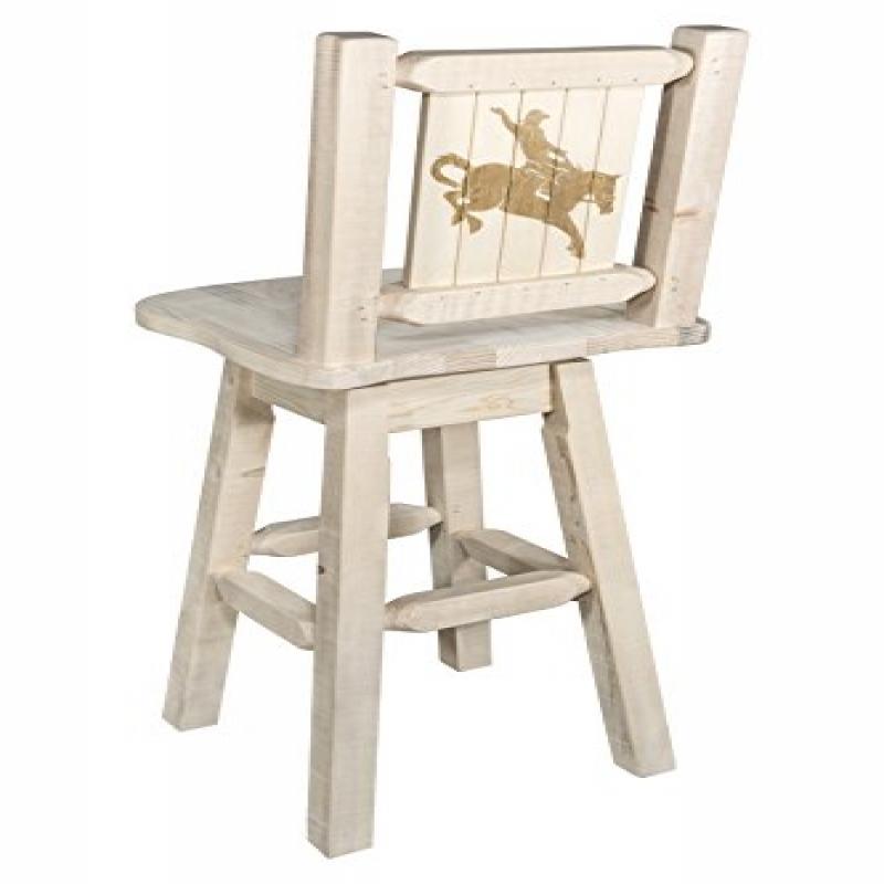 Homestead Collection Barstool W/ Back & Swivel W/ Laser Engraved Bronc Design, Clear Lacquer Finish