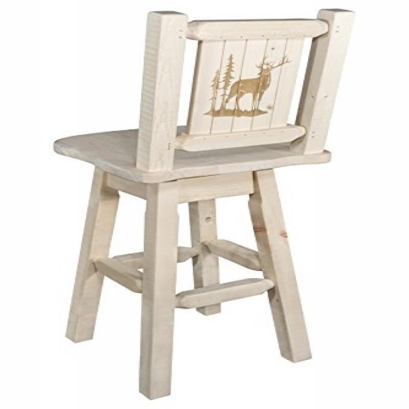Homestead Collection Barstool W/ Back & Swivel W/ Laser Engraved Elk Design, Clear Lacquer Finish