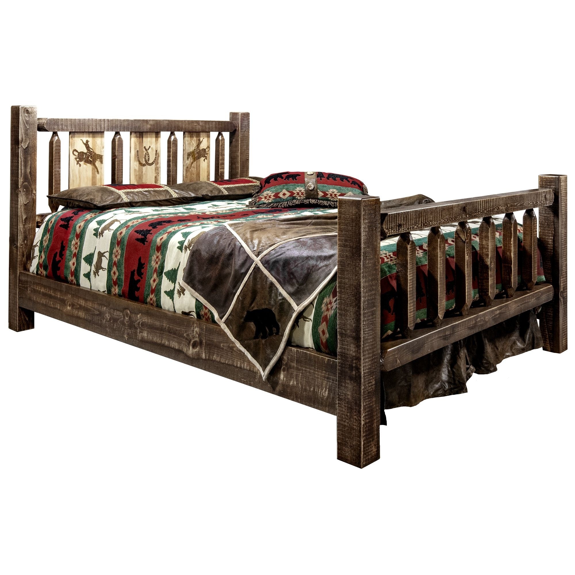 Homestead Collection California King Bed W/ Laser Engraved Bronc Design, Stain & Clear Lacquer Finish