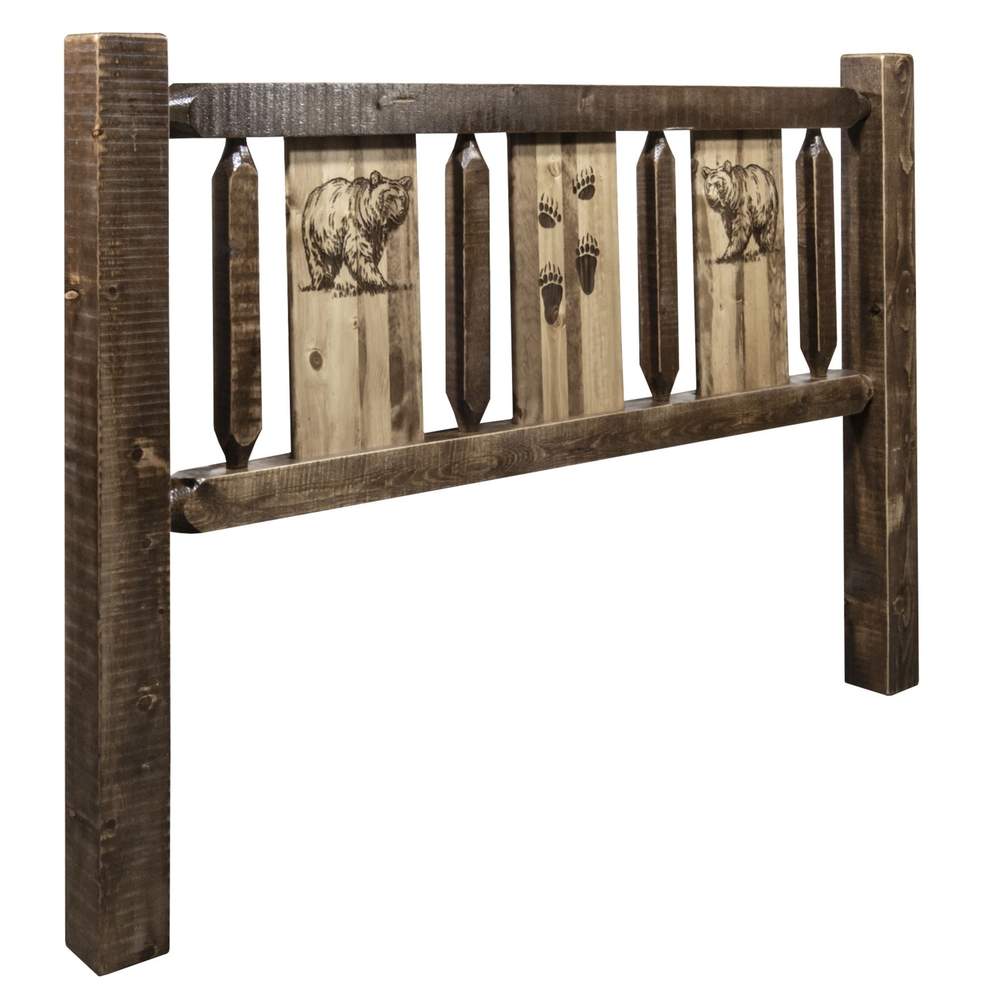 Homestead Collection California King Headboard W/ Laser Engraved Bear Design, Stain & Clear Lacquer Finish