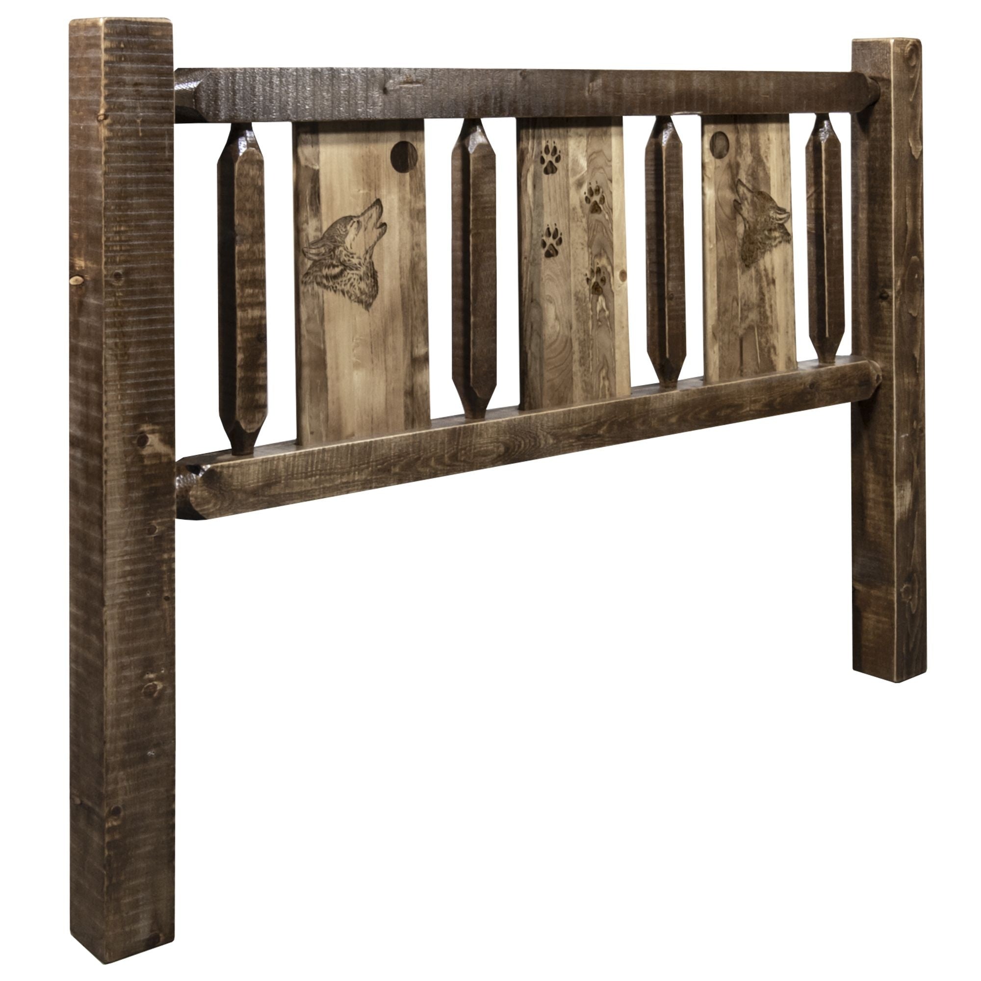 Homestead Collection Queen Headboard W/ Laser Engraved Wolf Design, Stain & Clear Lacquer Finish