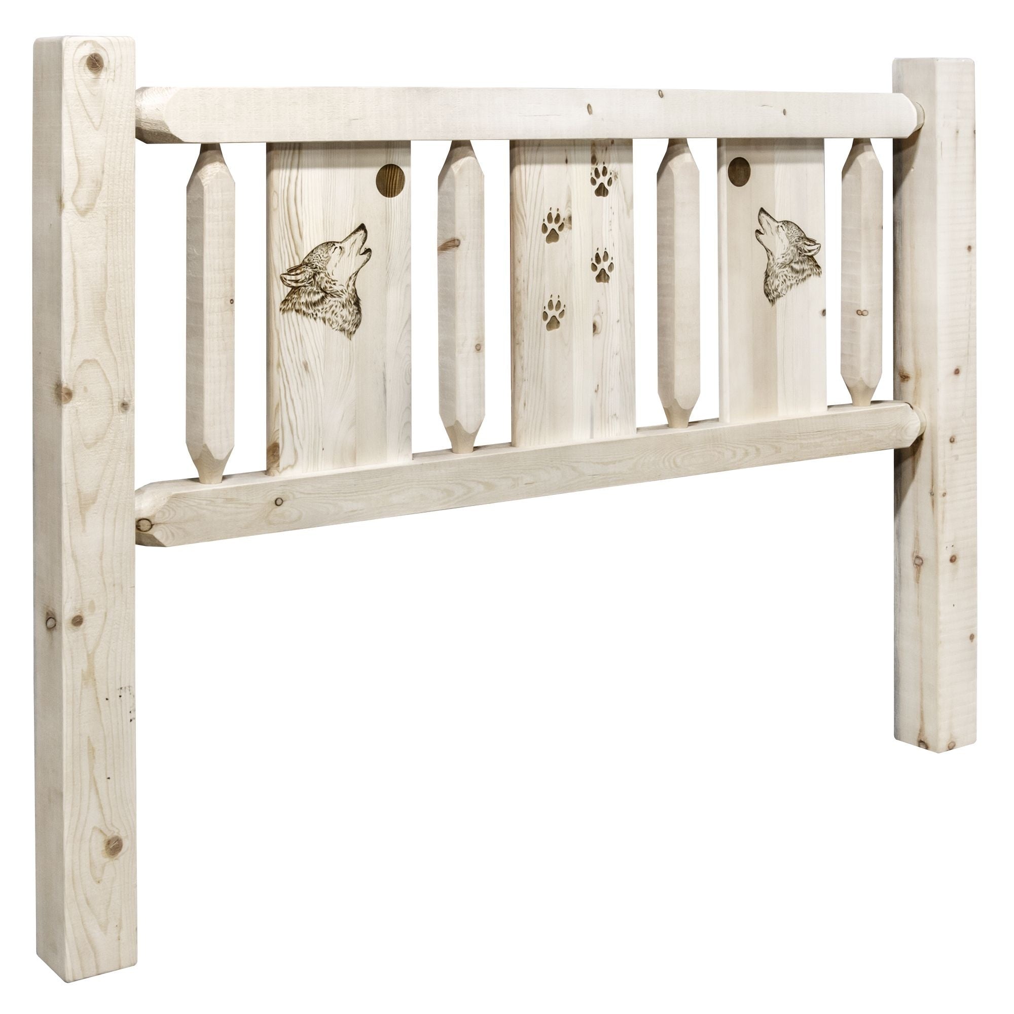 Homestead Collection Queen Headboard W/ Laser Engraved Wolf Design, Clear Lacquer Finish
