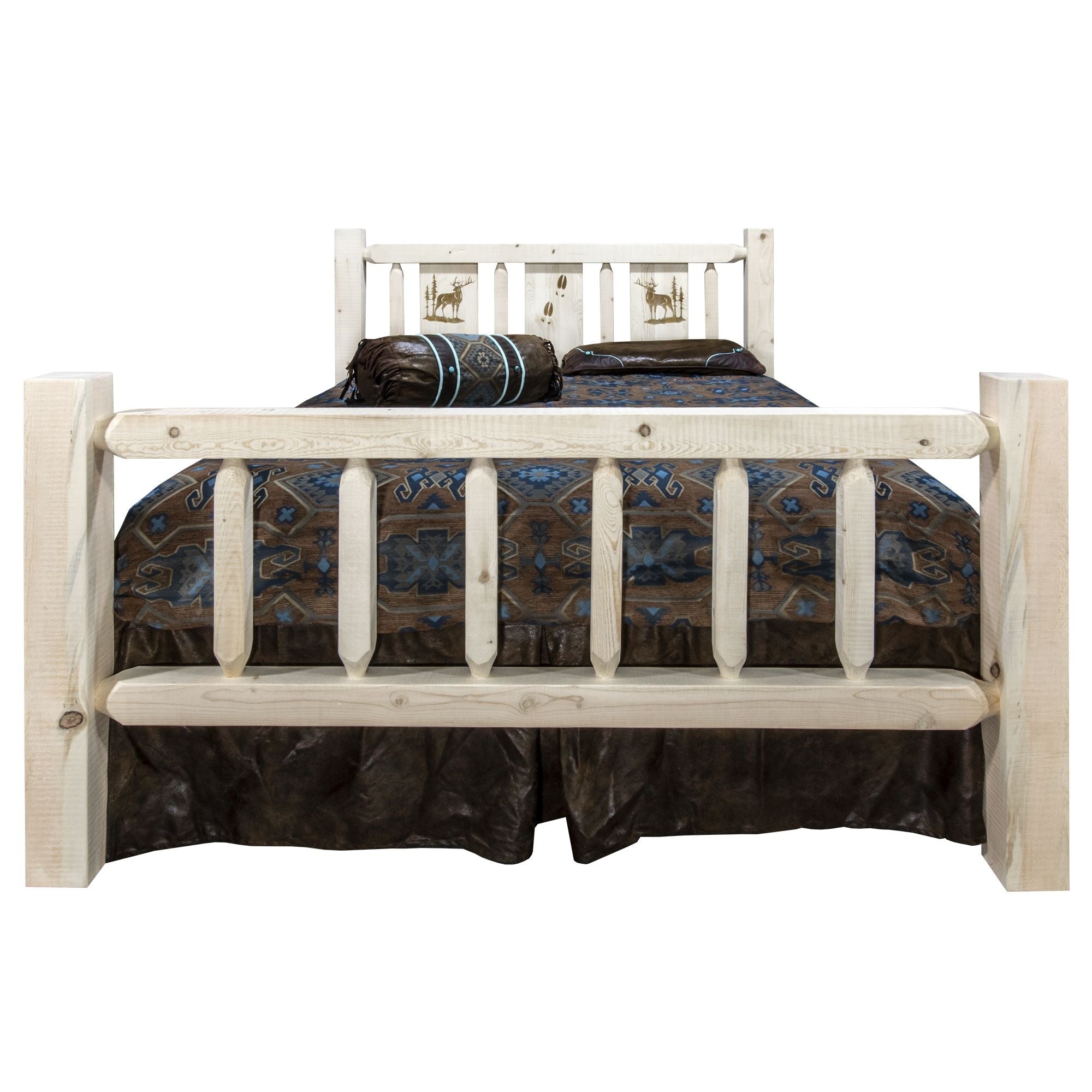 Homestead Collection King Bed W/ Laser Engraved Elk Design, Clear Lacquer Finish